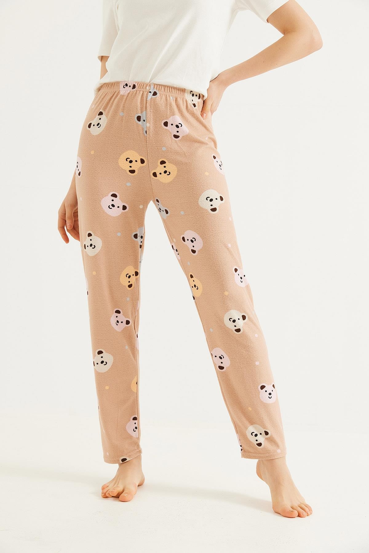  Beli Lastikli Kadın Pijama Altı Pudra