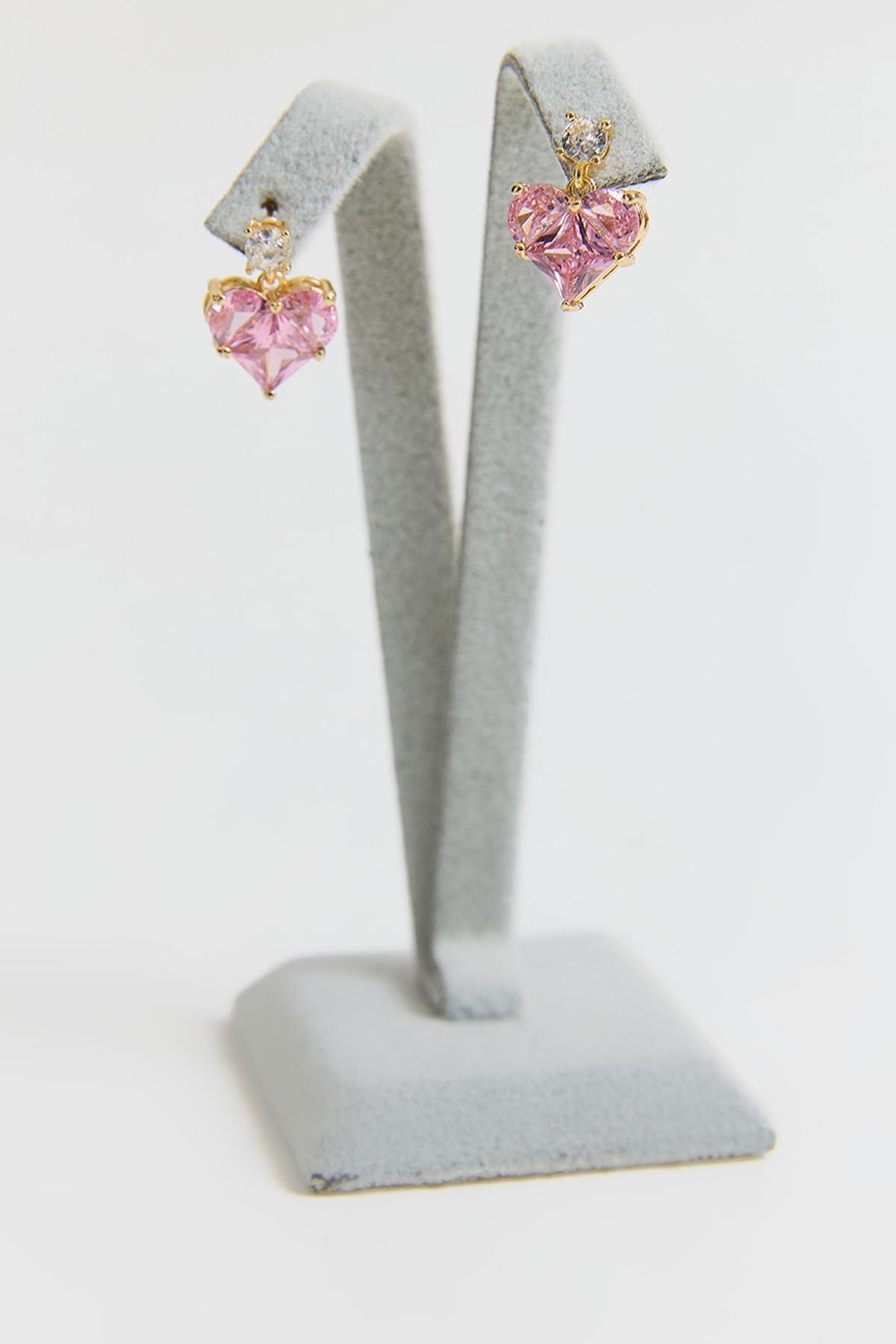 Pembe Taşlı Kalpli Gold Küpe 