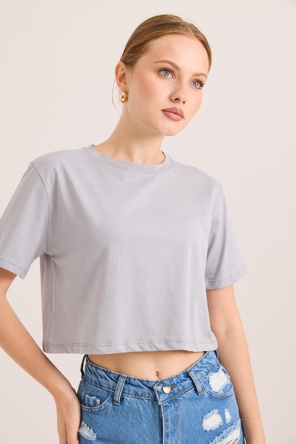 Rahat Kalıp Pamuk Örme Crop Tshirt Gri