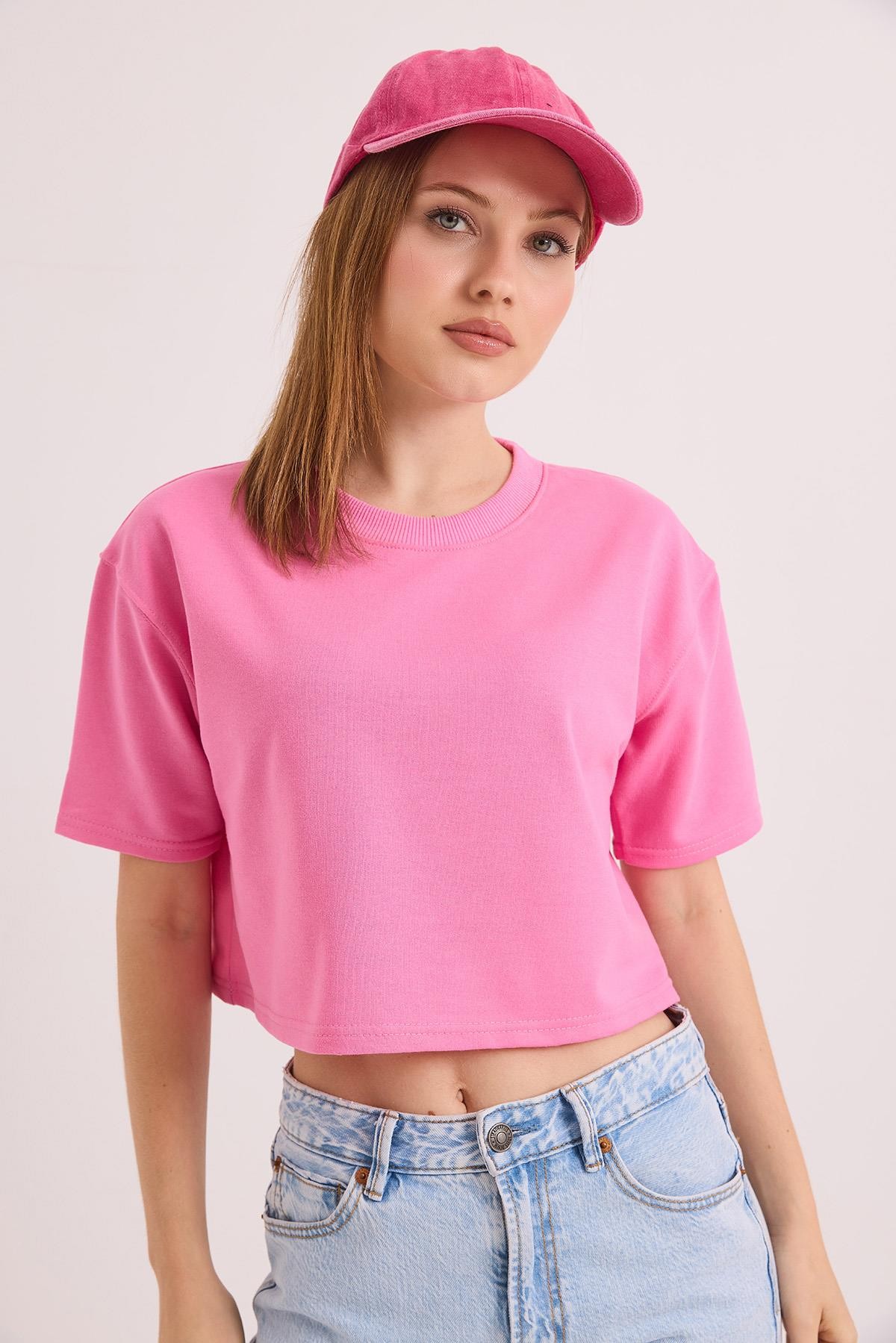 Bisiklet Yaka İki İplik Crop Bluz Pembe