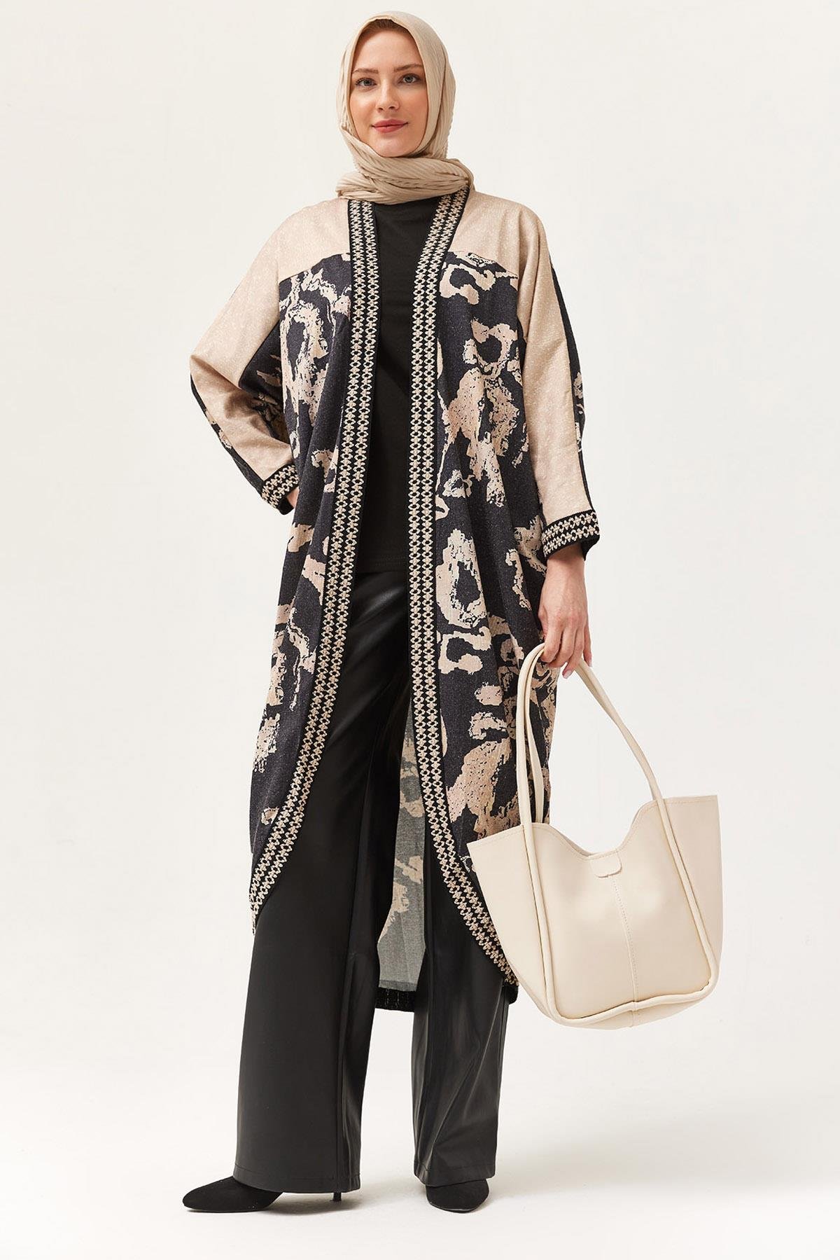 Oversize Şerit Detaylı Kimono Hırka Siyah