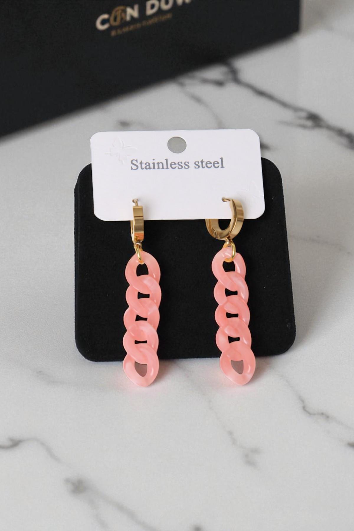 Siyah Halkalı Sarkıt Küpe Pembe