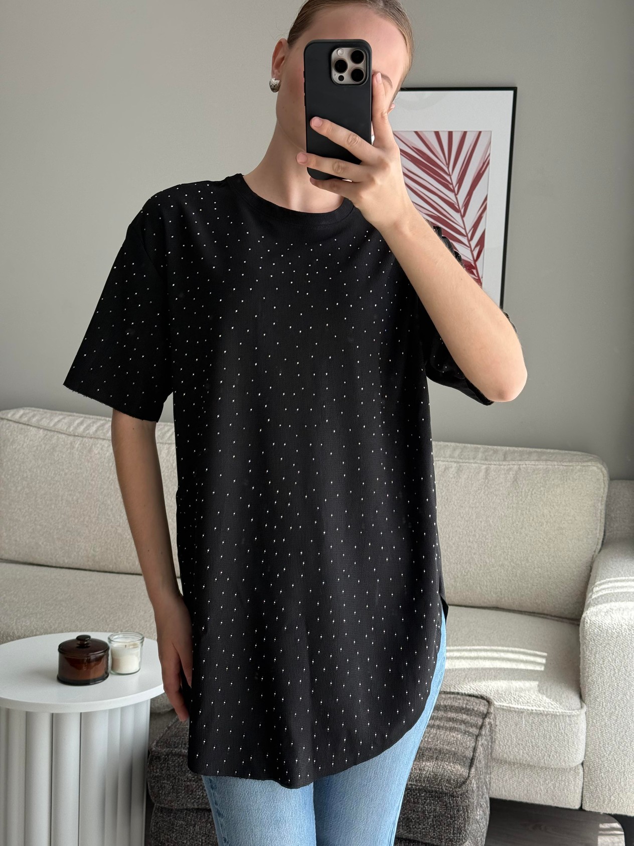 Oval Kesim Taş Baskılı Oversize Tshirt Siyah