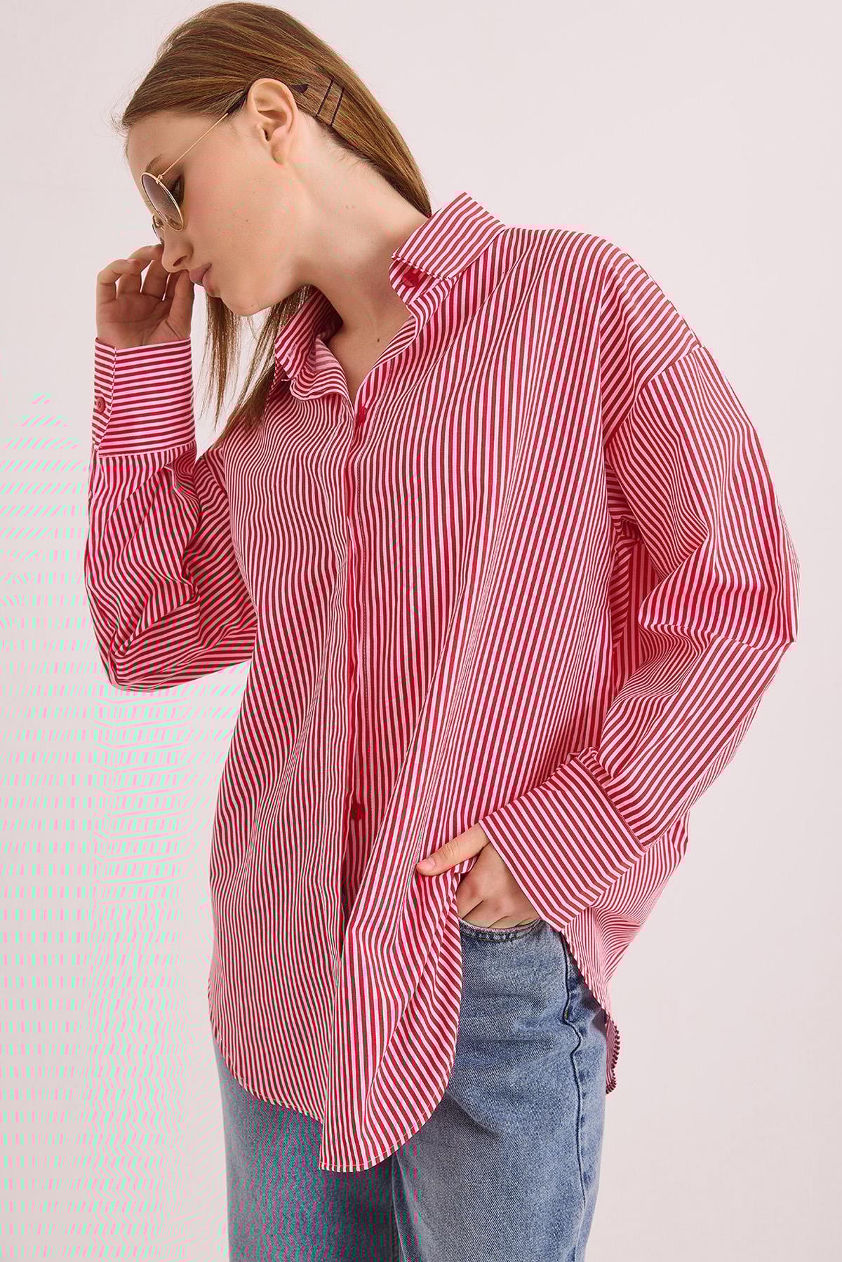 Çizgili Oversize Basic Gömlek Kırmızı