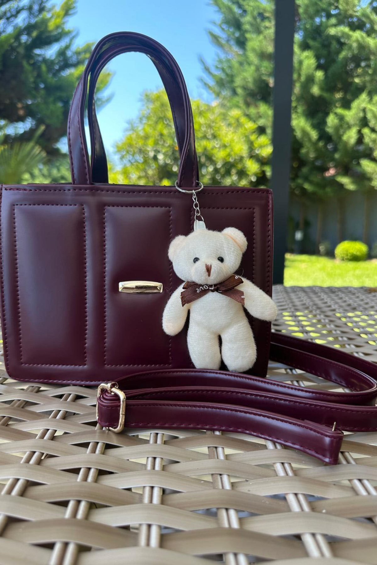 Ayıcık Anahtarlık Hediyeli Mini Boy Deri Şık Çanta Bordo