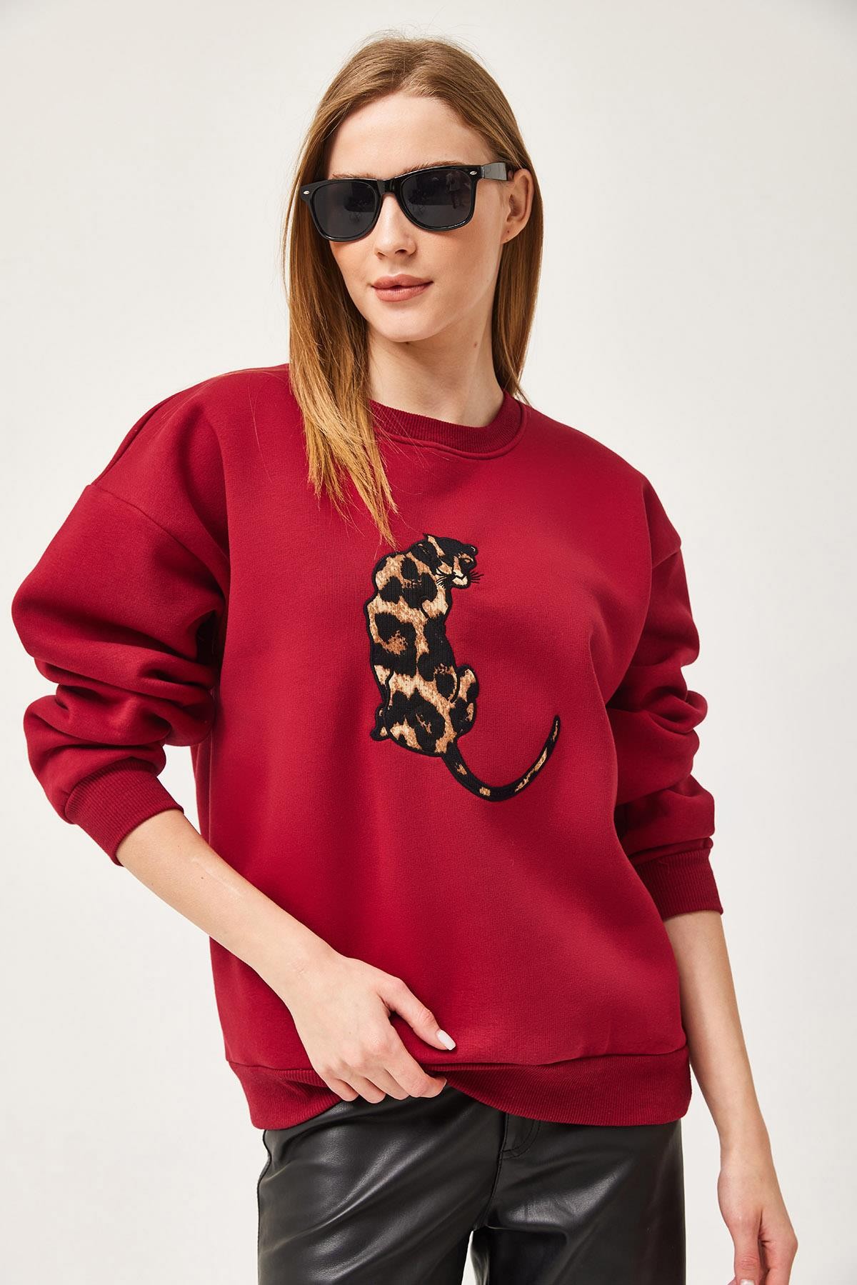 Leopar Baskılı Üç İplik Şardonlu Sweatshirt Bordo