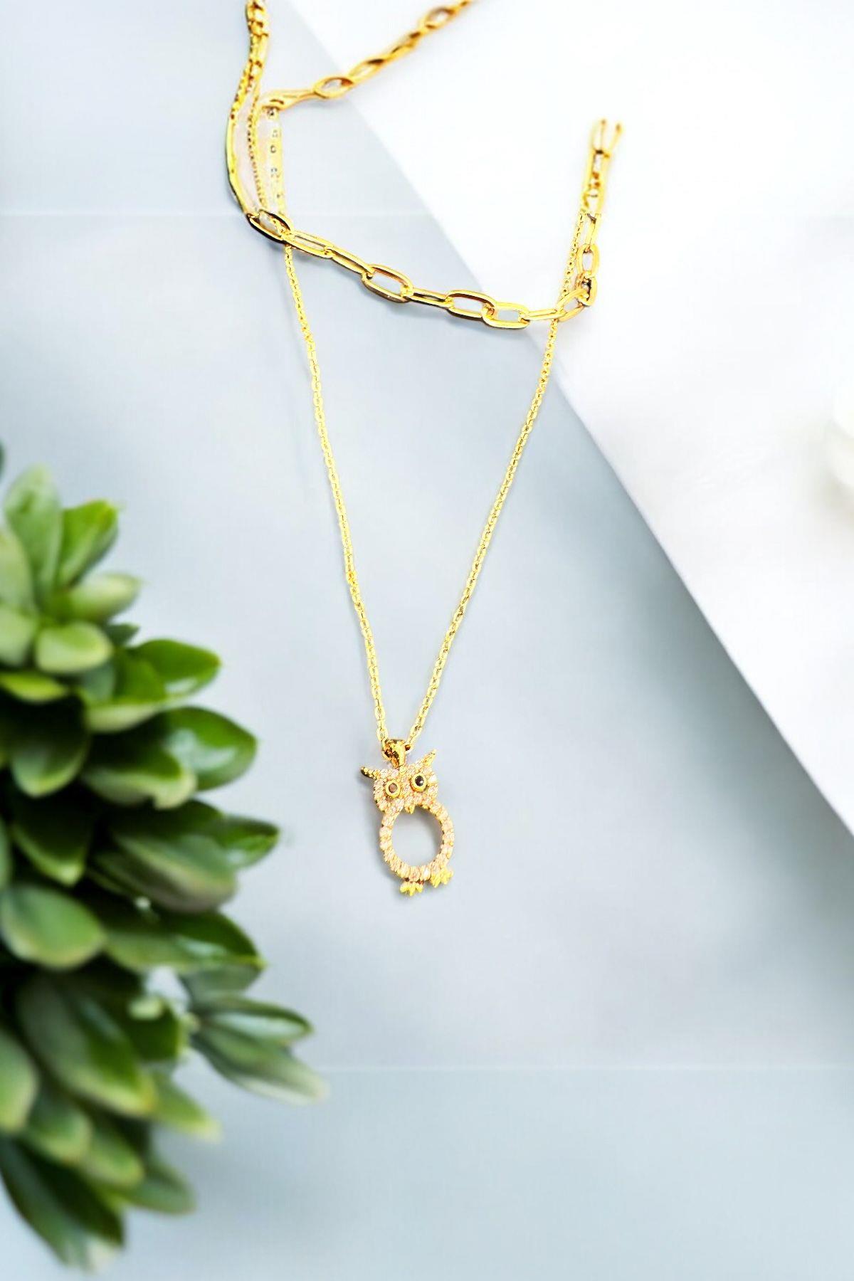 Baykuş Altın Kaplama Zincir Kolye Gold