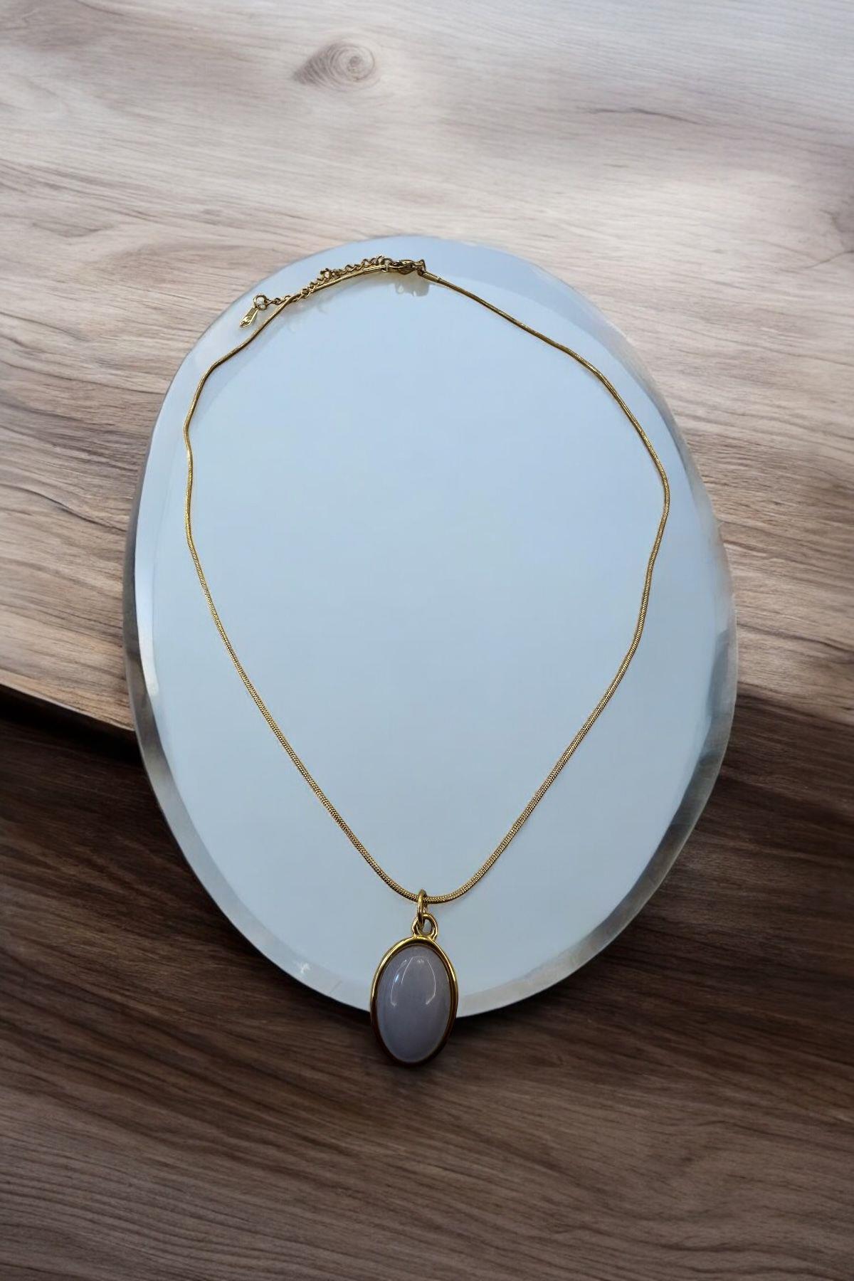 Oval Doğal Gri Taşlı Zincir Kolye