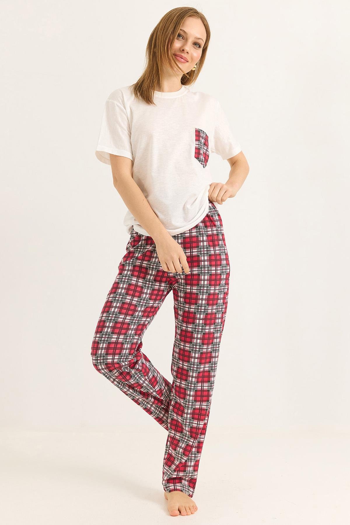 Bisiklet Yaka Beli Lastikli Pijama Takım Kırmızı
