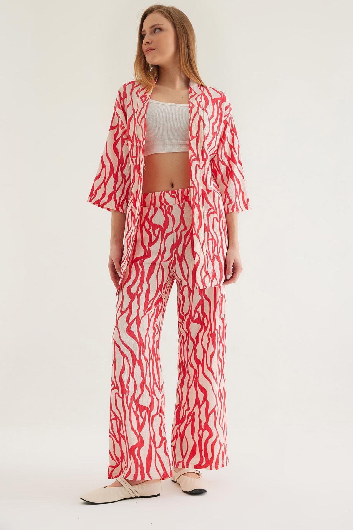 Kimono Pantolon Krinkıl Kadın İkili Takım Fuşya