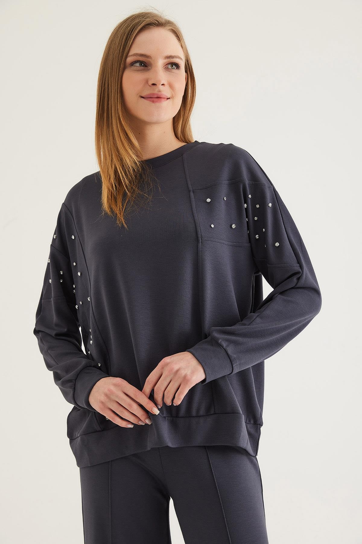 Taş Detaylı Modal Sweatshirt Füme