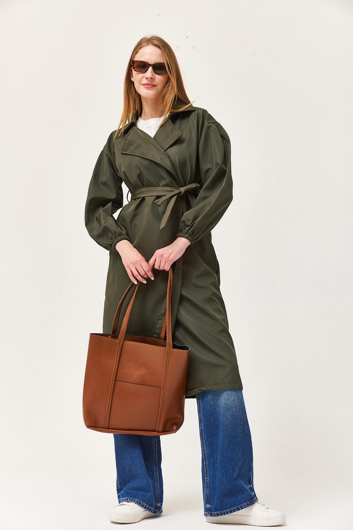 Bel Kuşaklı Oversize Trençkot Haki
