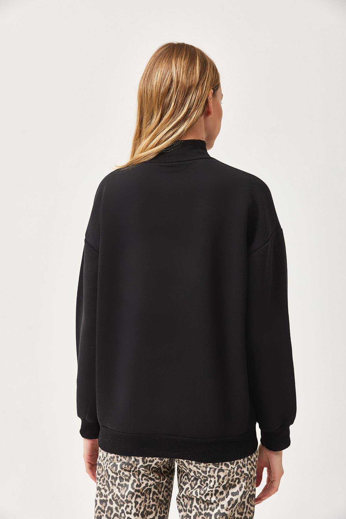 Balıkçı Yaka Şardonlu 3 ip Örme Sweatshirt Siyah
