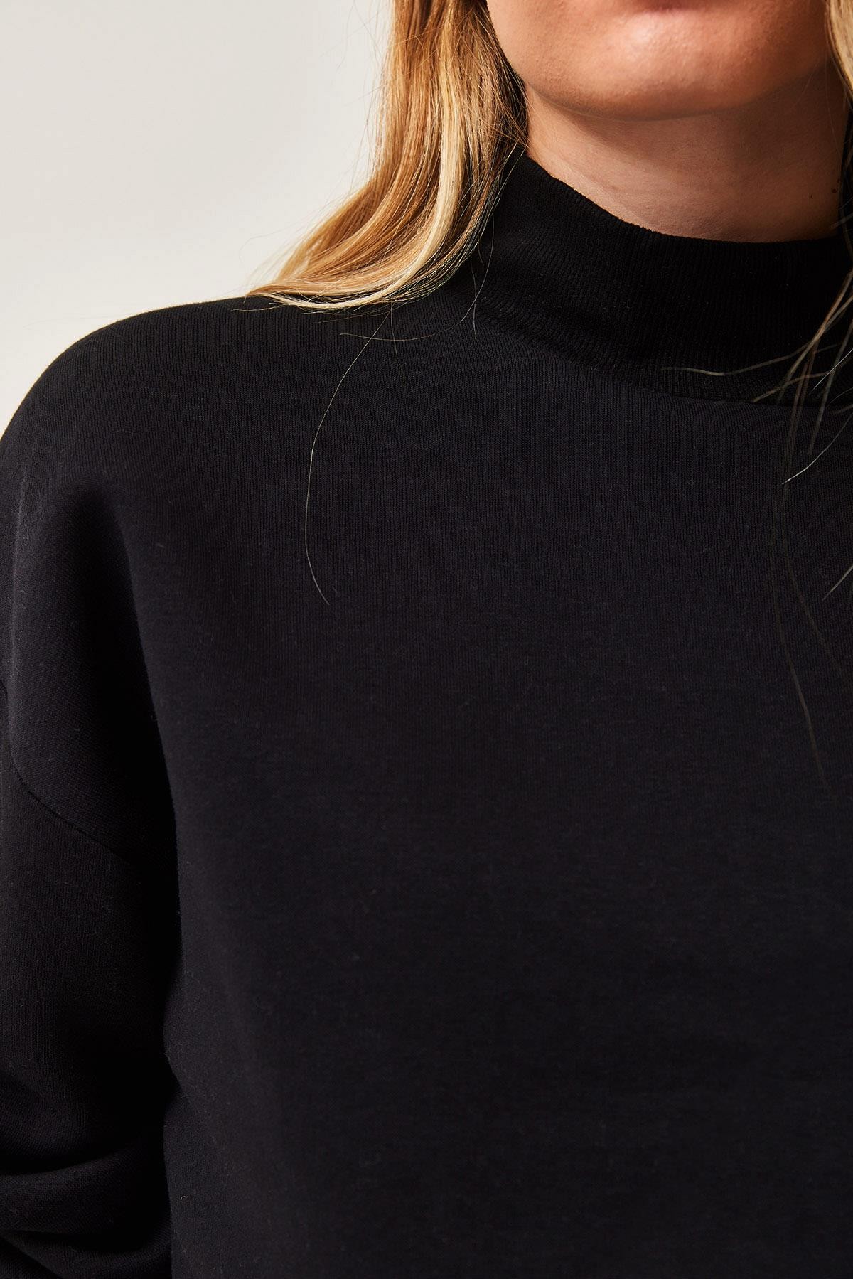 Balıkçı Yaka Şardonlu 3 ip Örme Sweatshirt Siyah