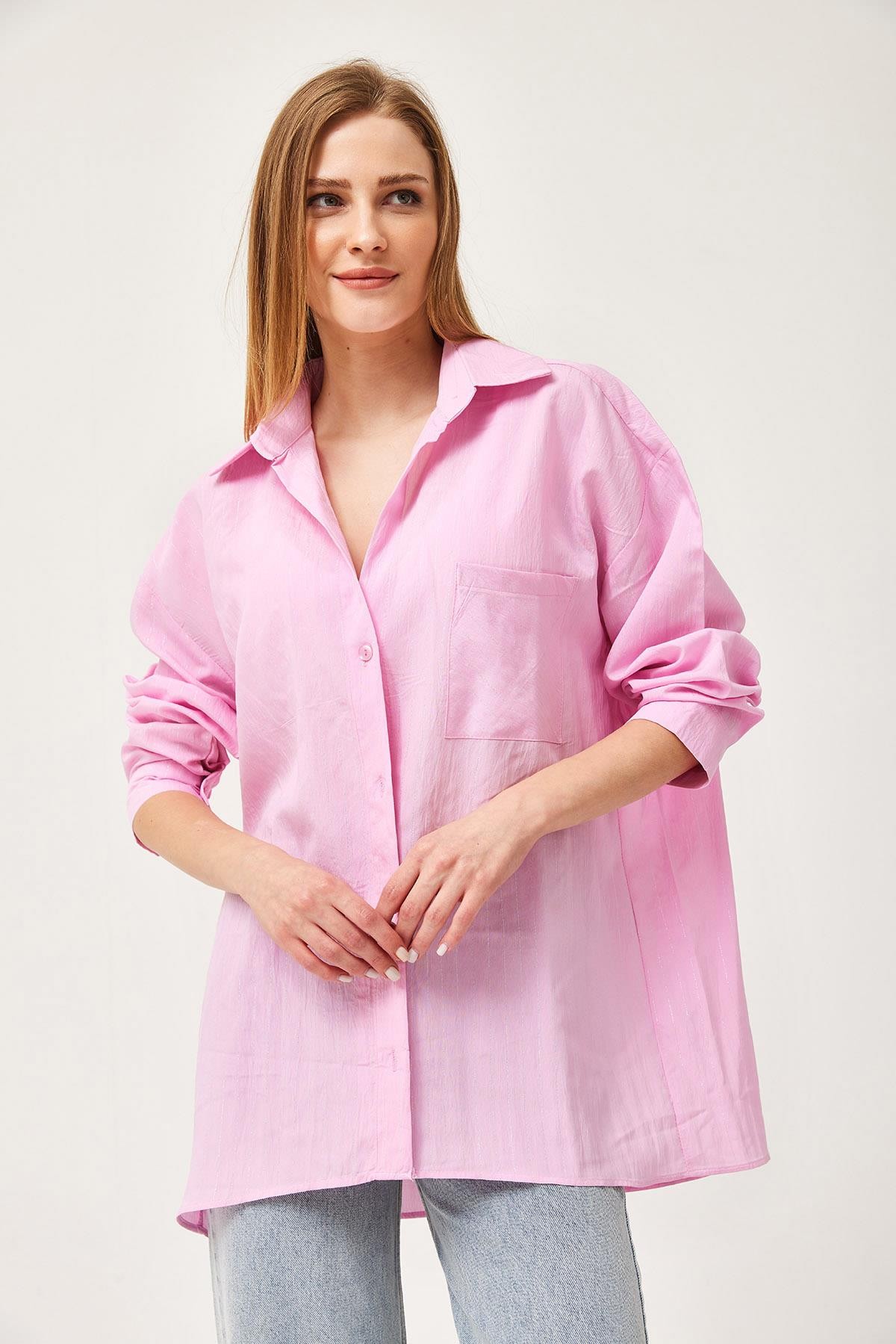 Oversize Cepli Poplin Gömlek Pembe