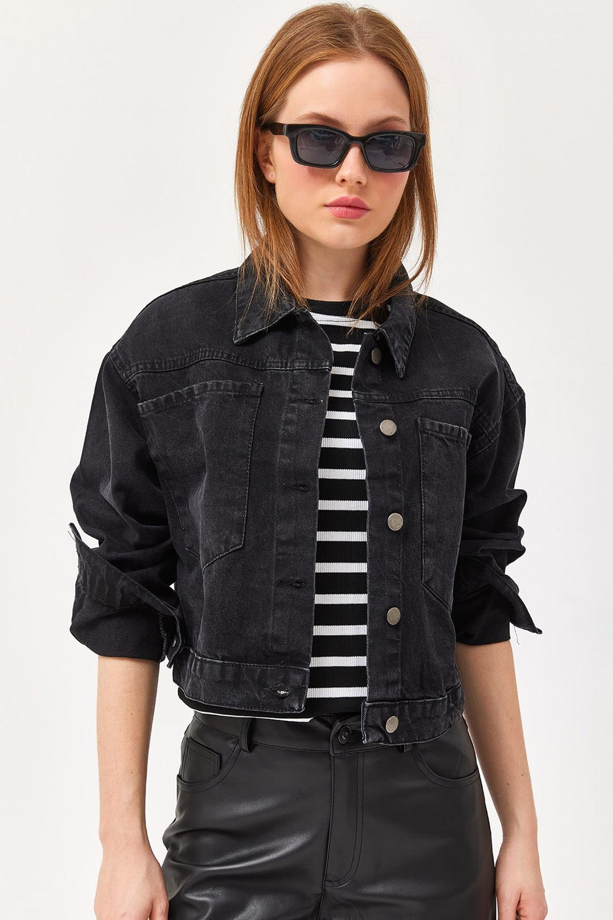 Cep Detaylı Denim Ceket Siyah