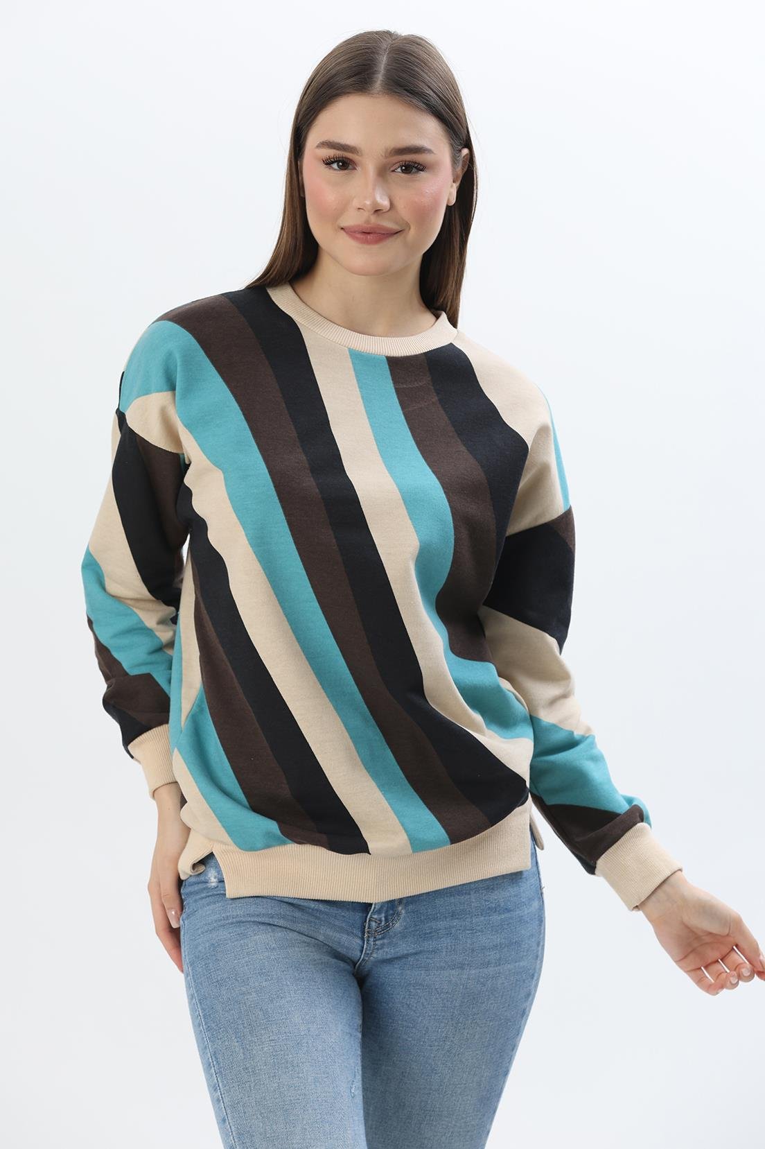 Çiçek Desen İki İplik Sweatshirt Bej