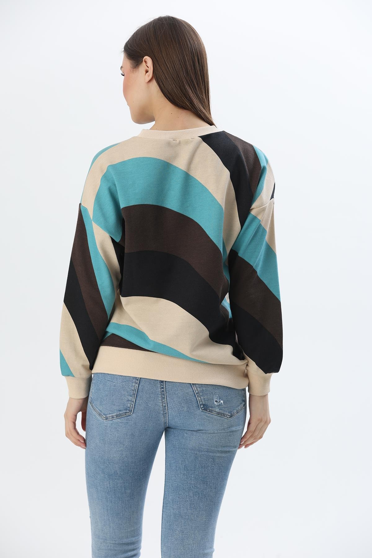 Çiçek Desen İki İplik Sweatshirt Bej