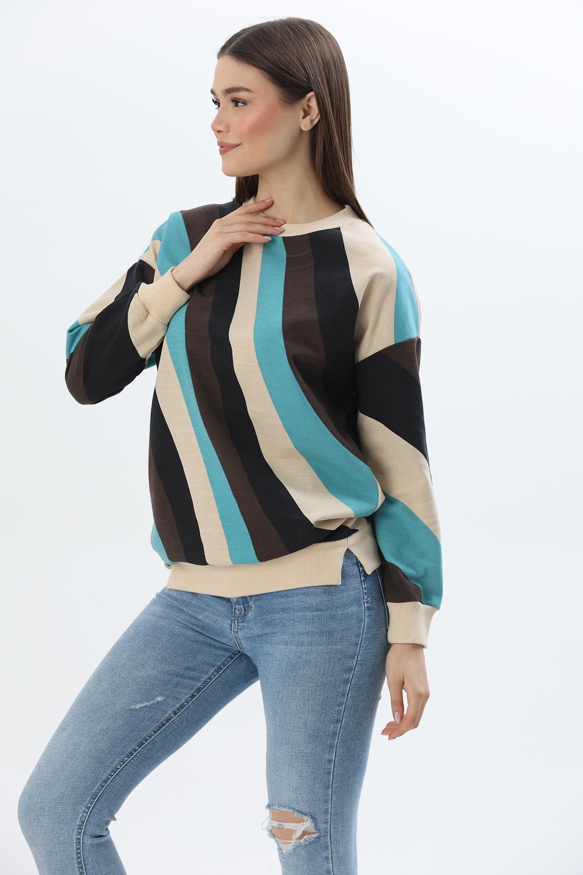 Çiçek Desen İki İplik Sweatshirt Bej