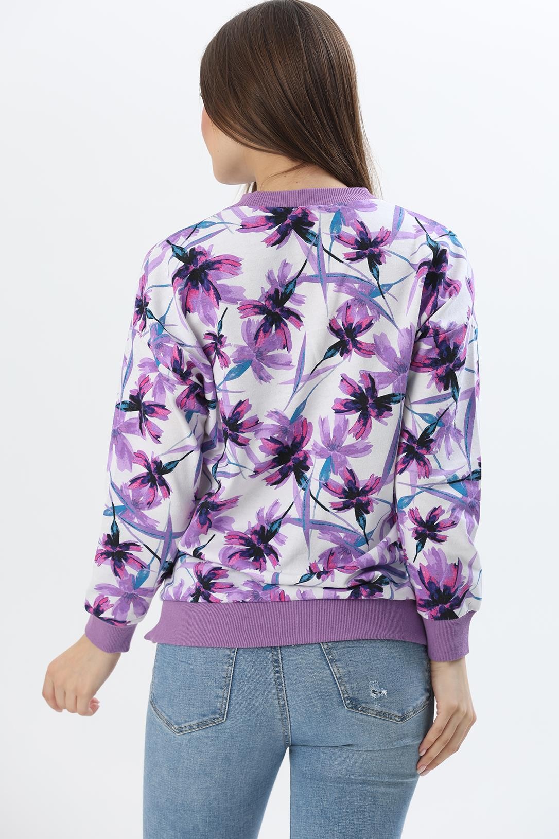 Çiçek Desen İki İplik Sweatshirt Lila