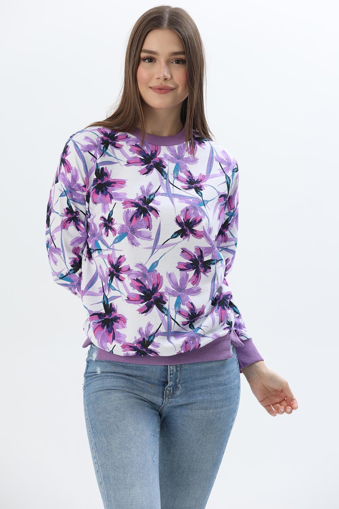 Çiçek Desen İki İplik Sweatshirt Lila