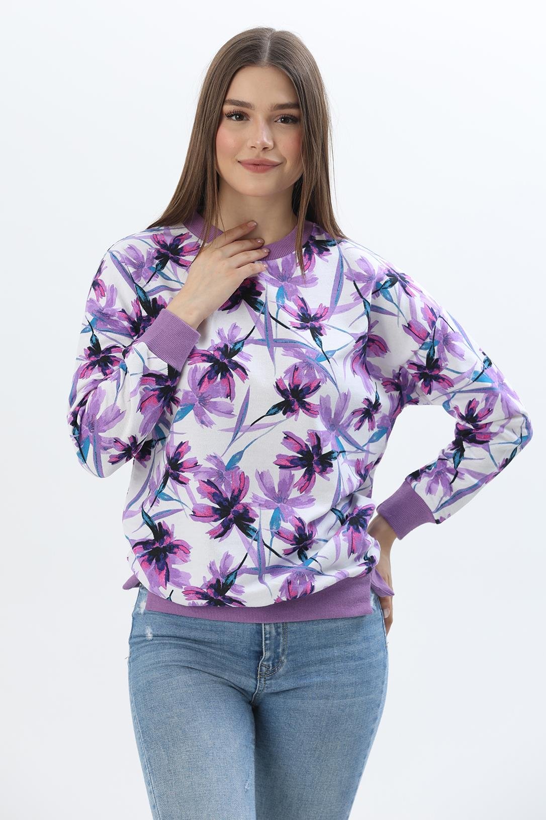 Çiçek Desen İki İplik Sweatshirt Lila