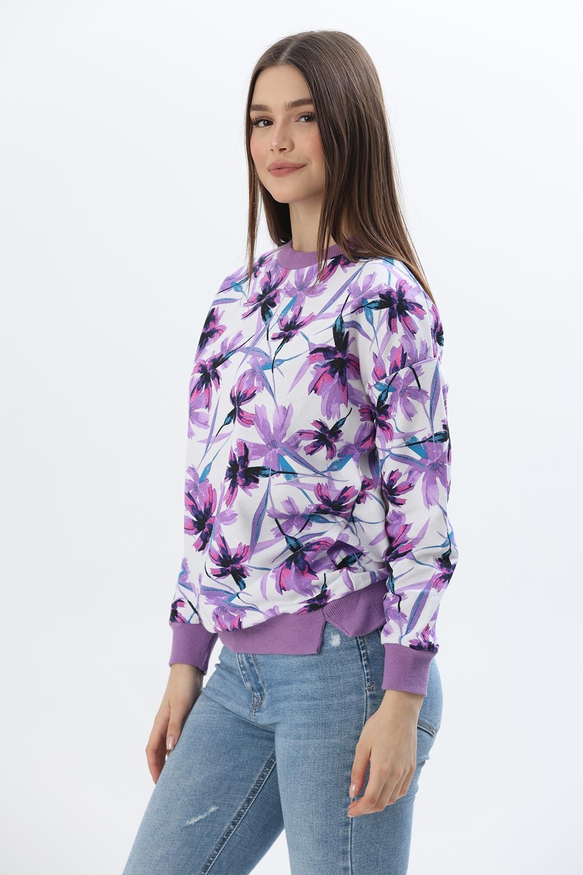 Çiçek Desen İki İplik Sweatshirt Lila