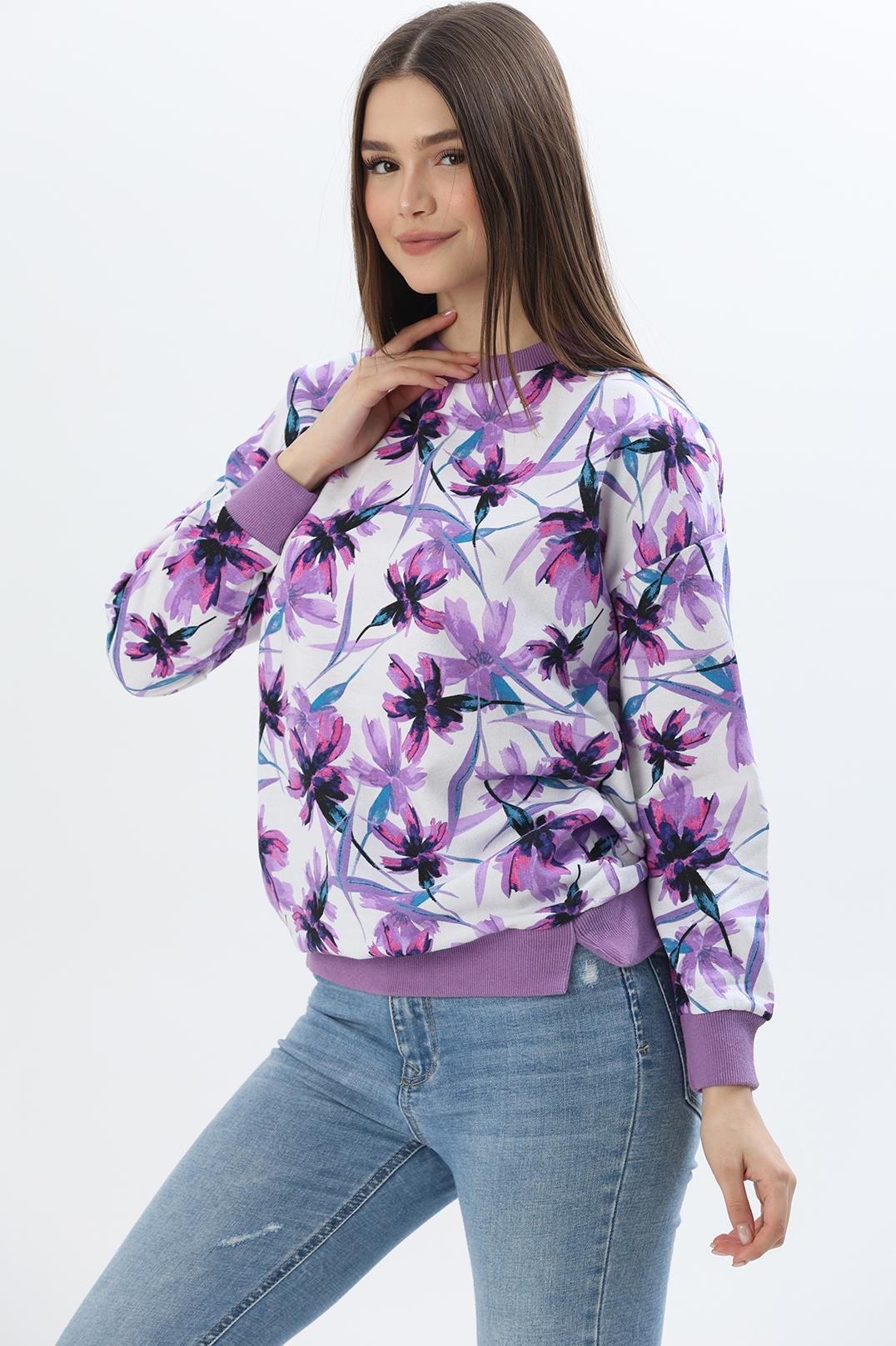 Çiçek Desen İki İplik Sweatshirt Lila