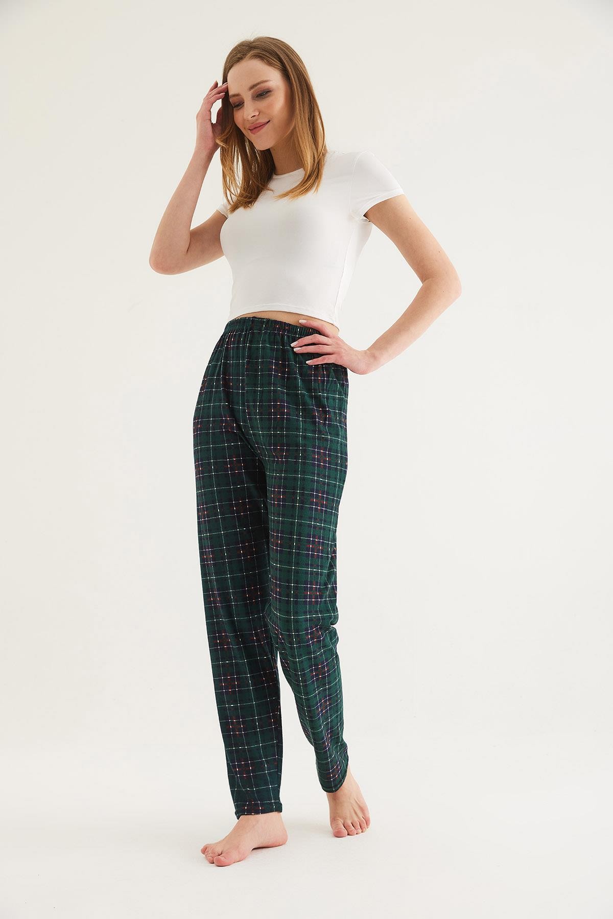  Ekose Desen Kadın Pijama Altı Yeşil