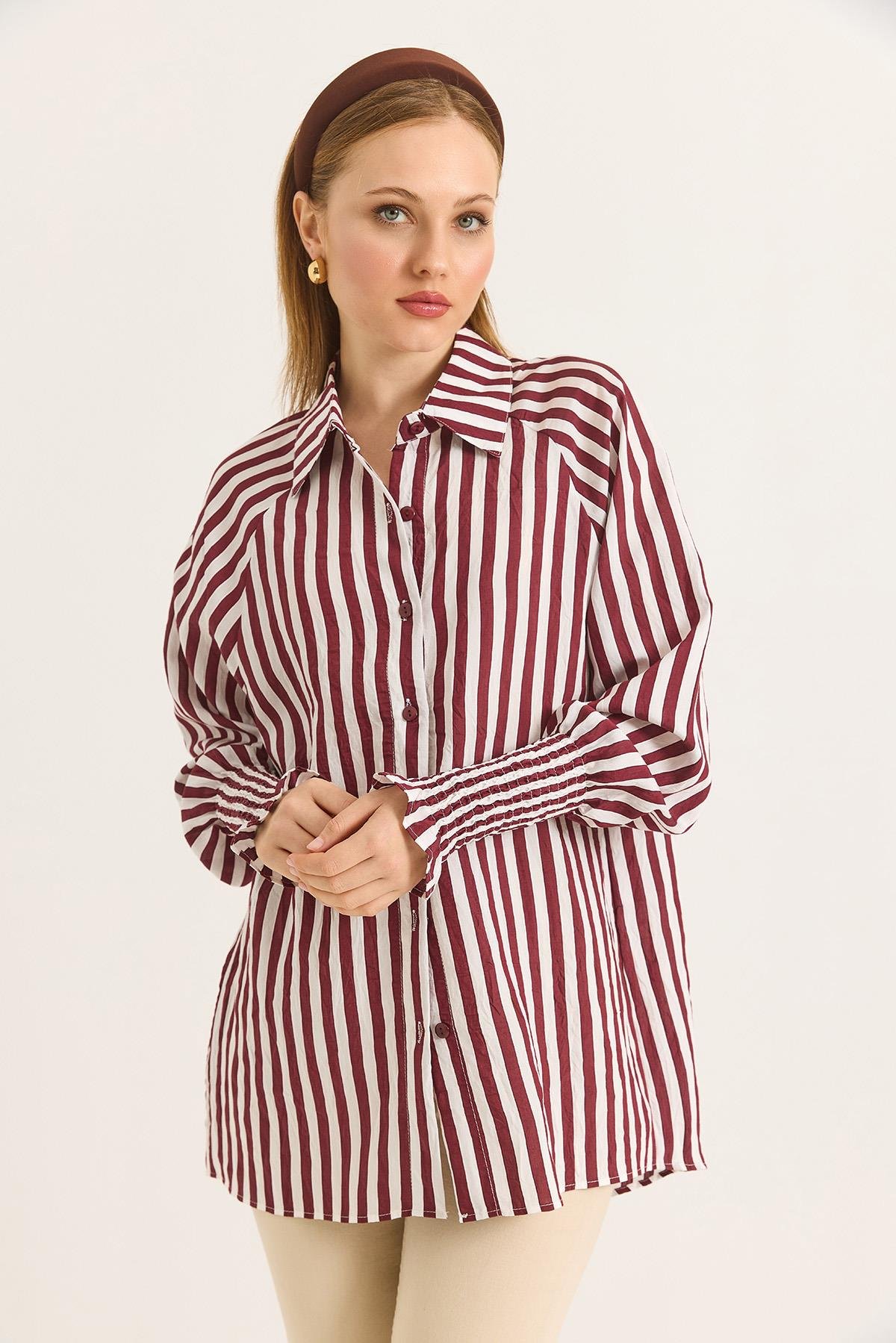 Manşet Detaylı Oversize Şık Gömlek Bordo