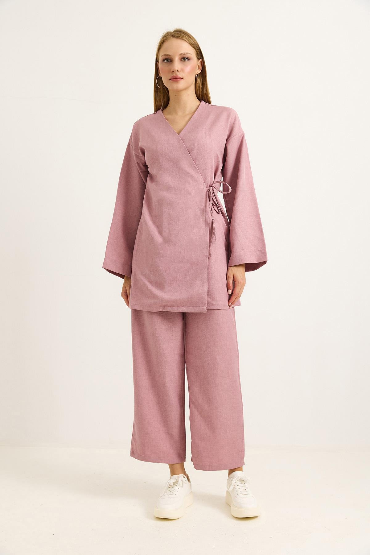 Yandan Bağlamalı Kimono Pantolon İkili Takım Gül Kurusu