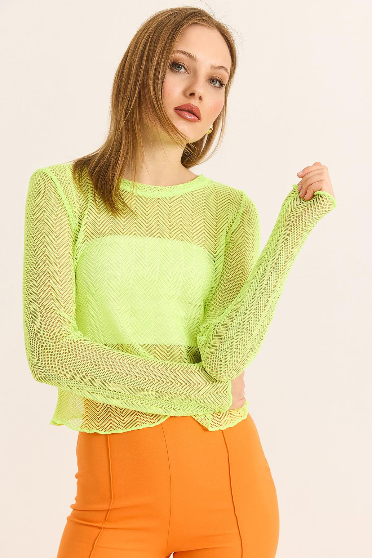 Neon Yeşil File Bluz