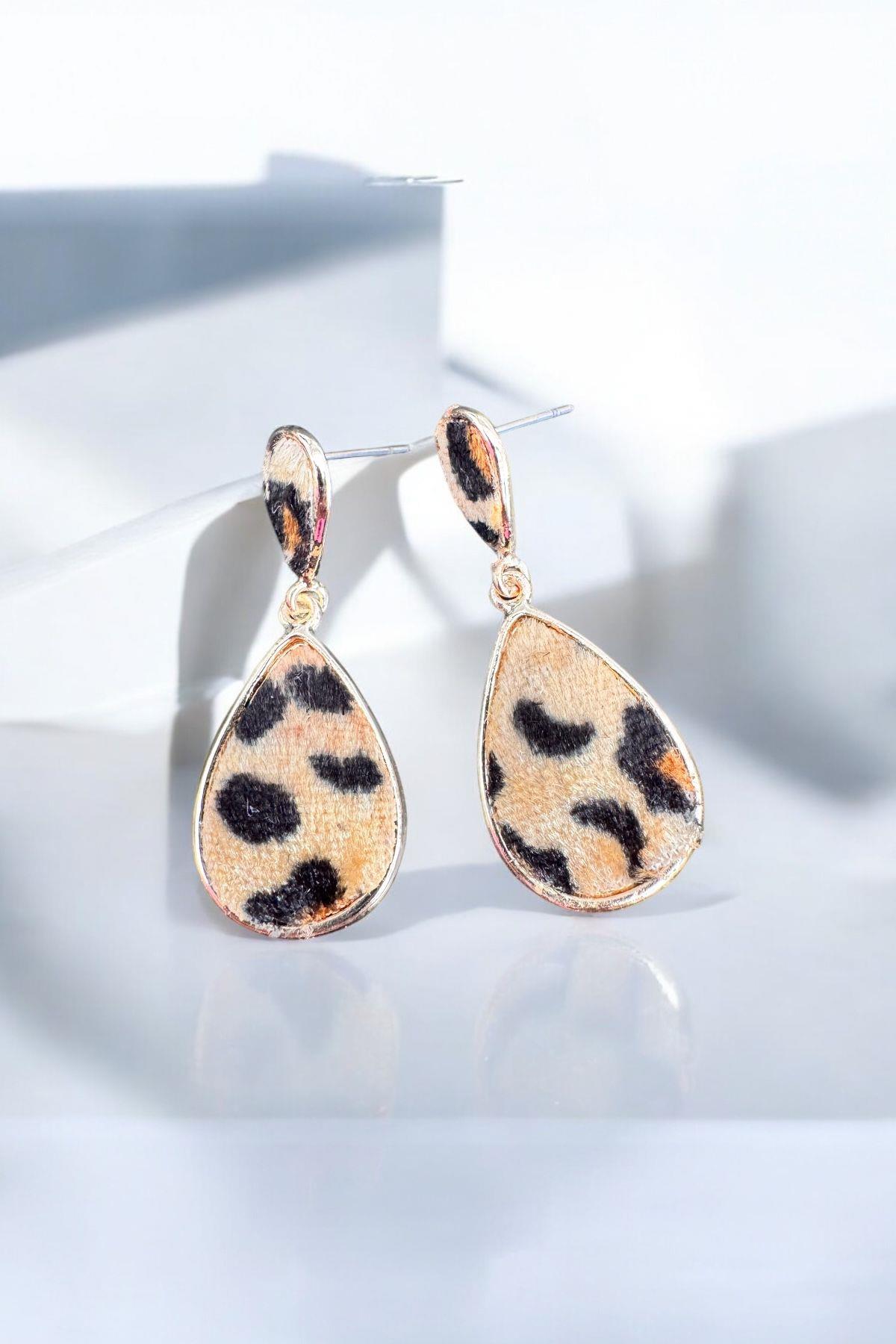 Leopar Desen Sarkıt Küpe Gold