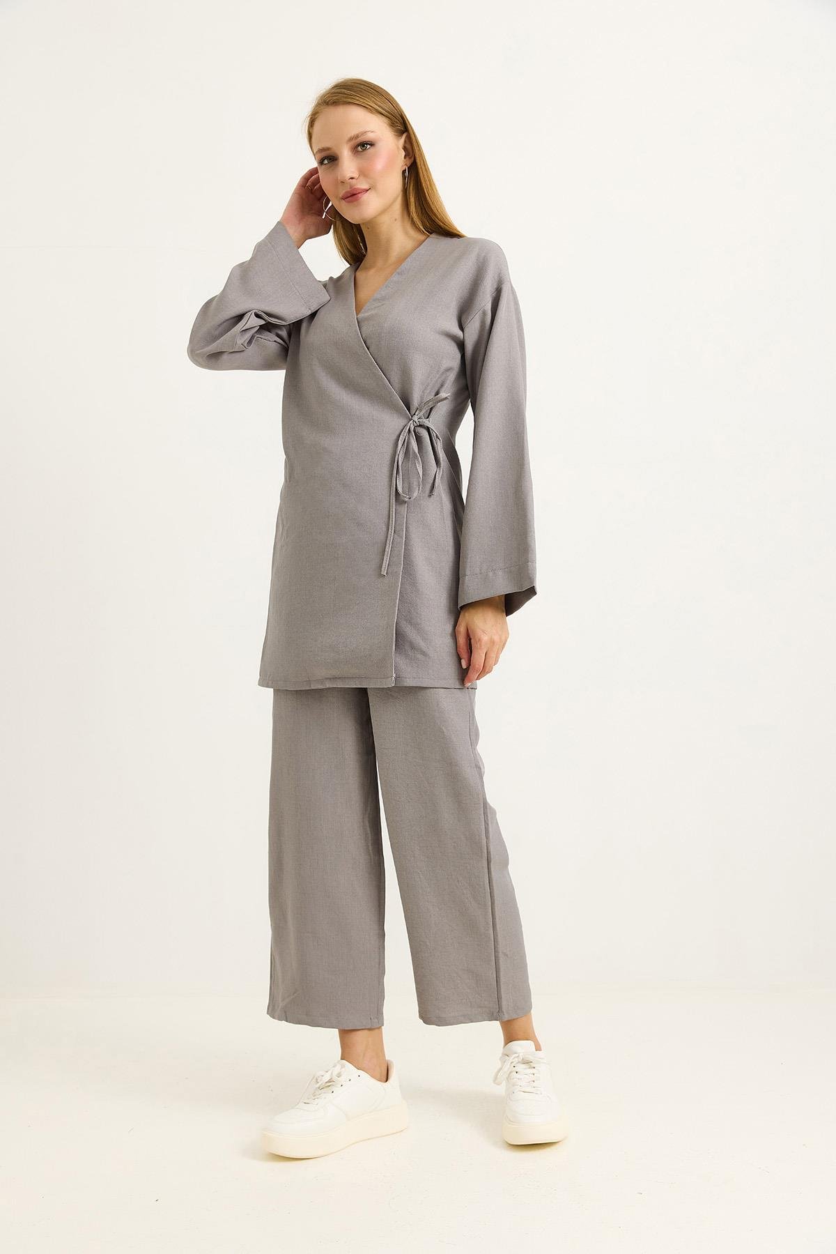 Yandan Bağlamalı Kimono Pantolon İkili Takım Gri