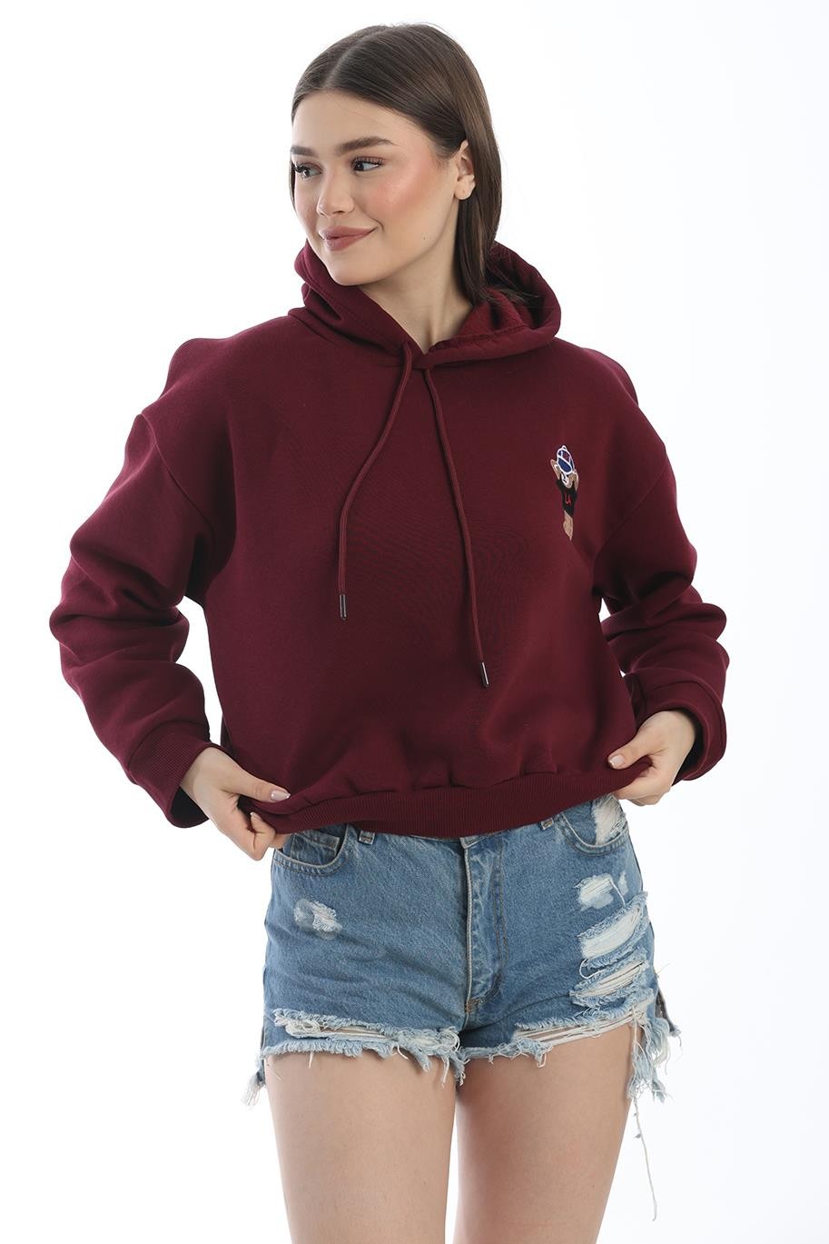 Nakışlı Kapüşonlu Oversize Sweatshirt Bordo