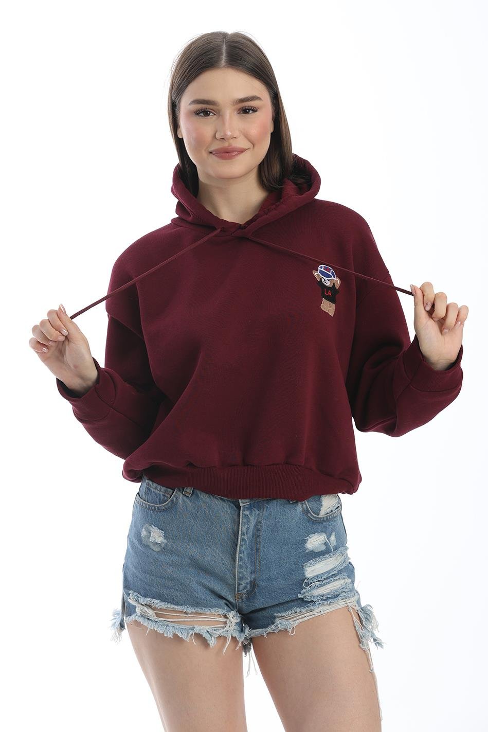 Nakışlı Kapüşonlu Oversize Sweatshirt Bordo