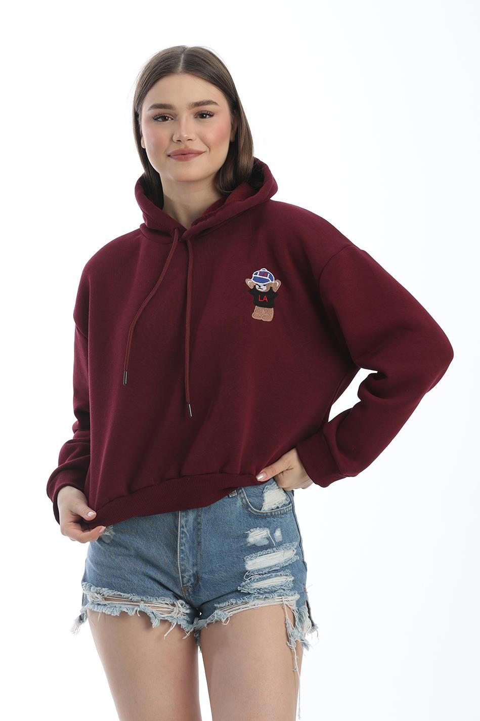 Nakışlı Kapüşonlu Oversize Sweatshirt Bordo