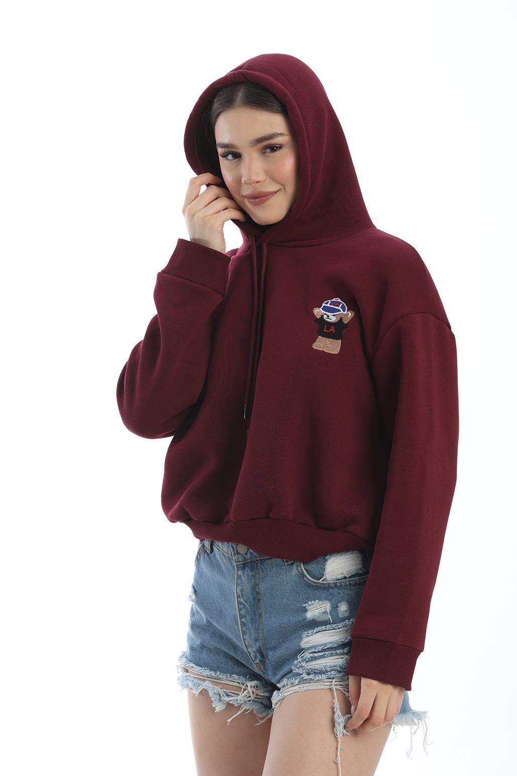 Nakışlı Kapüşonlu Oversize Sweatshirt Bordo