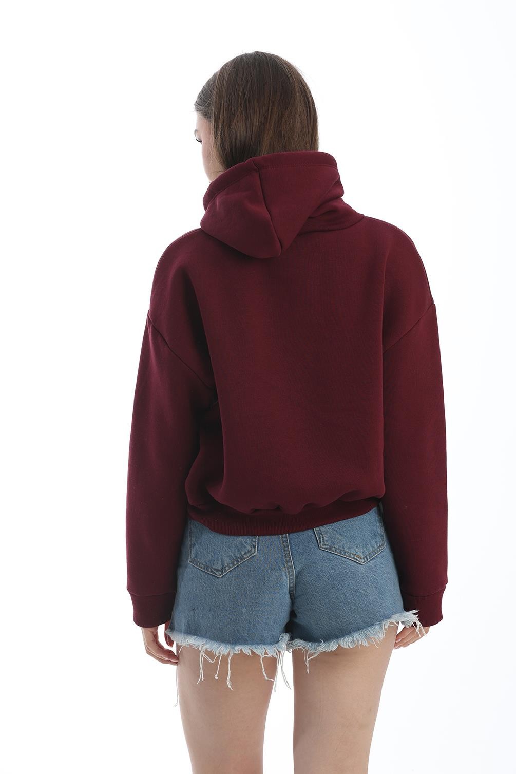 Nakışlı Kapüşonlu Oversize Sweatshirt Bordo