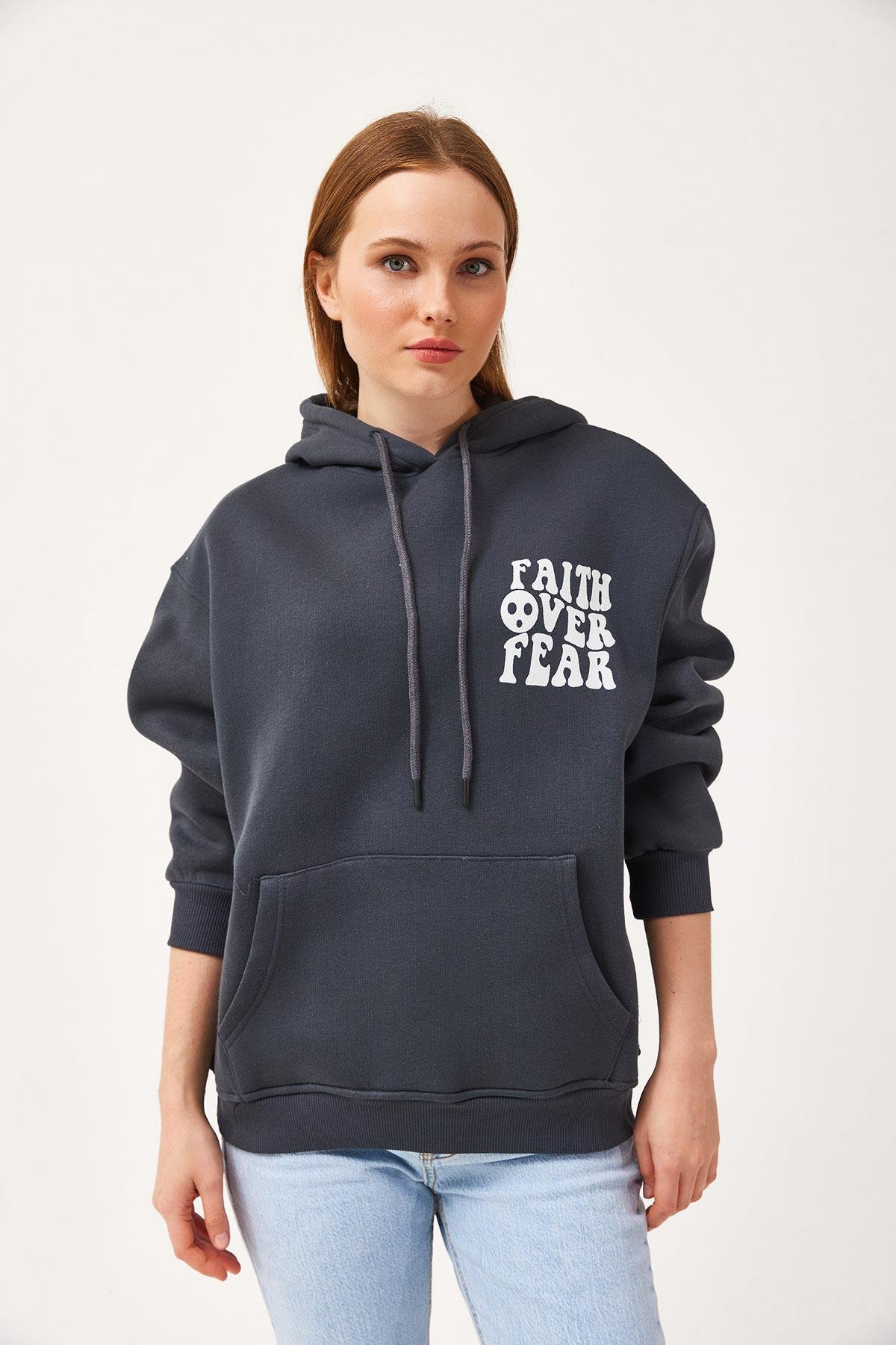 Oversize Kapüşonlu Kanguru Cepli Sweatshirt Antrasit