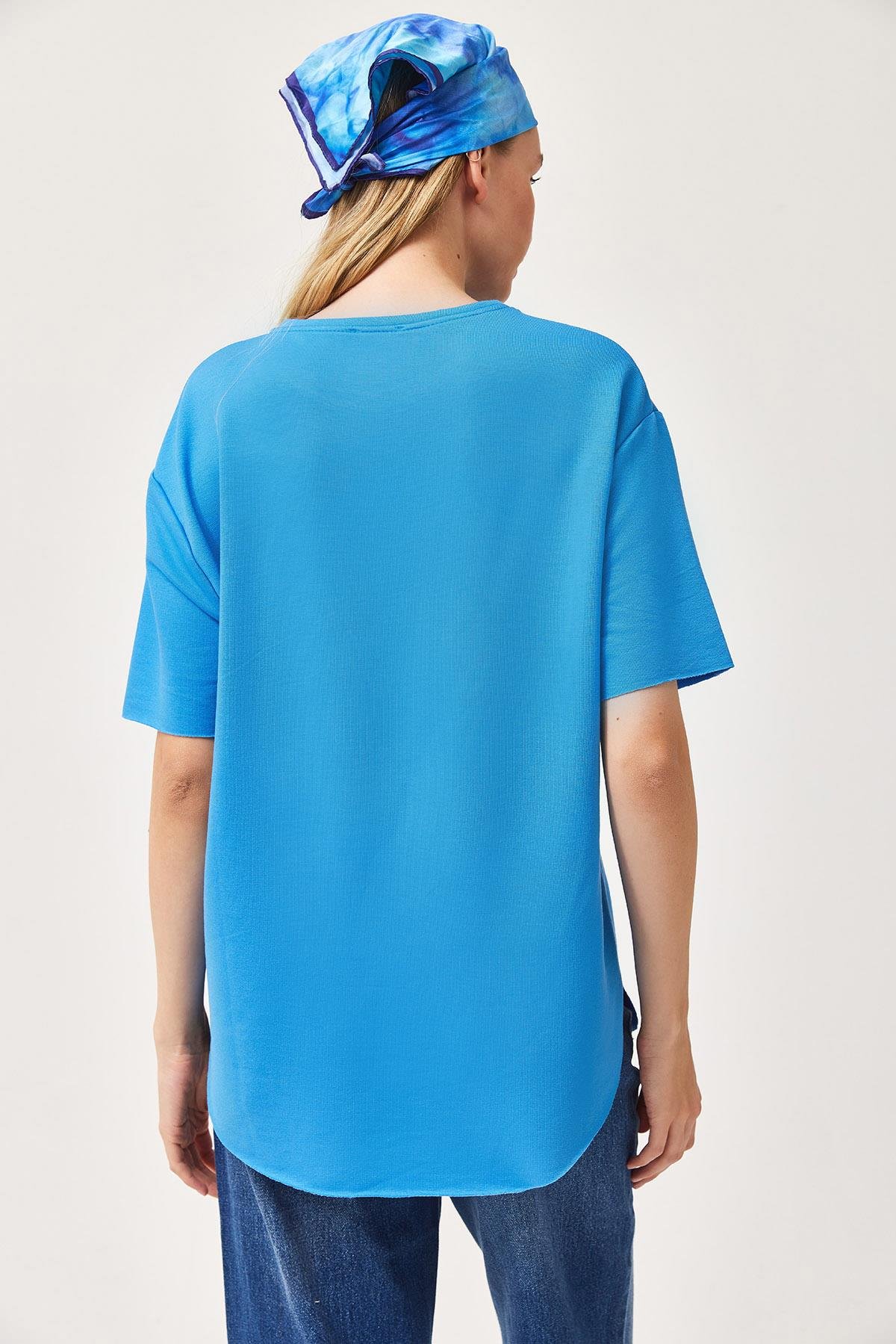 Oysh Yumuşak Dokulu Eteği Oval Modal Tshirt Mavi