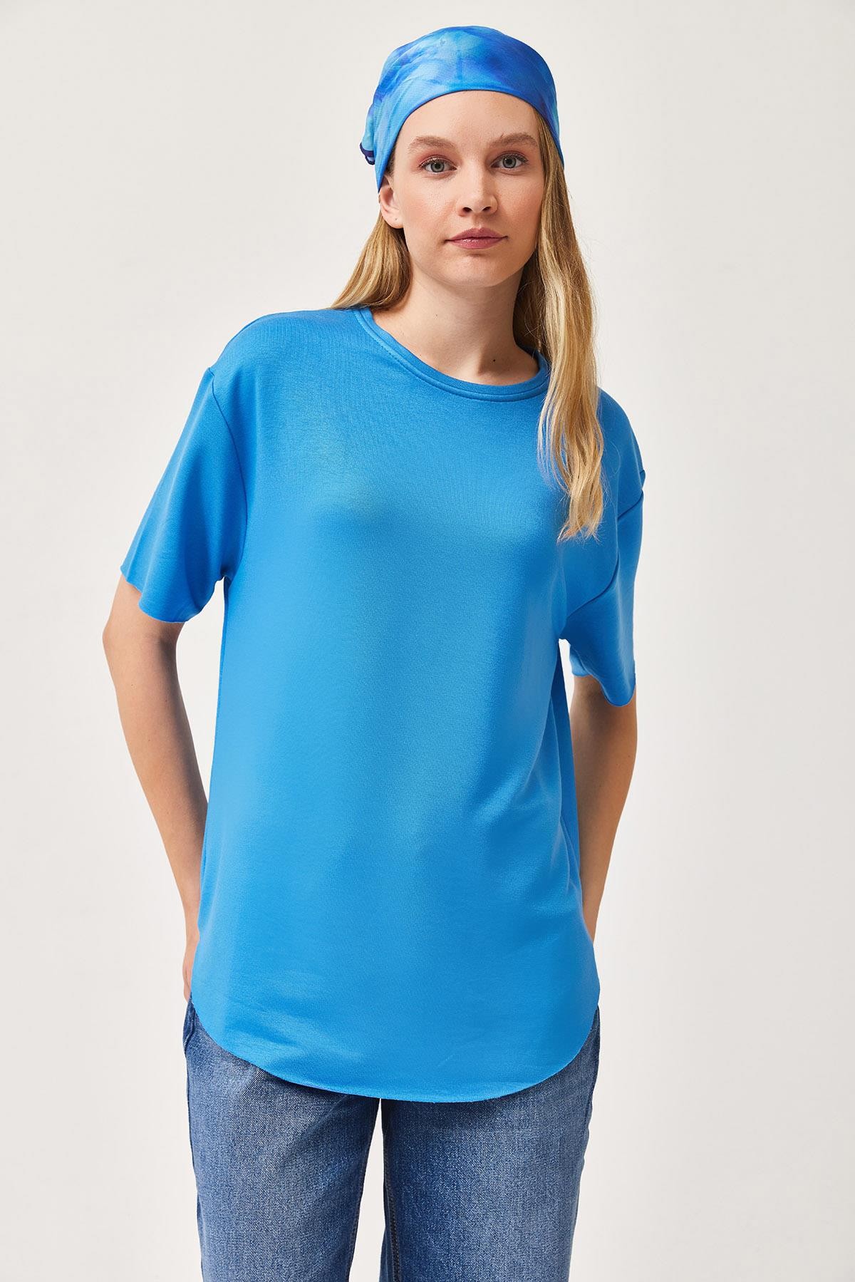 Oysh Yumuşak Dokulu Eteği Oval Modal Tshirt Mavi