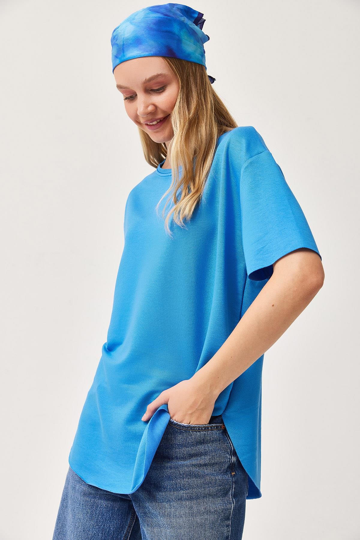 Oysh Yumuşak Dokulu Eteği Oval Modal Tshirt Mavi