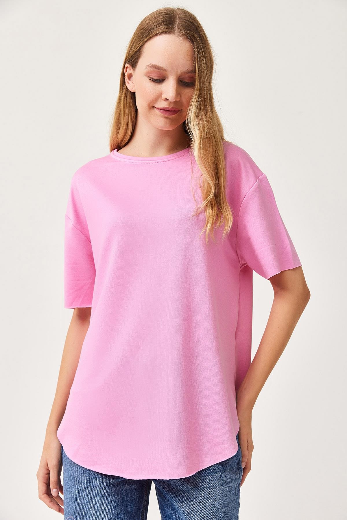 Oysh Yumuşak Dokulu Eteği Oval Modal Tshirt Pembe