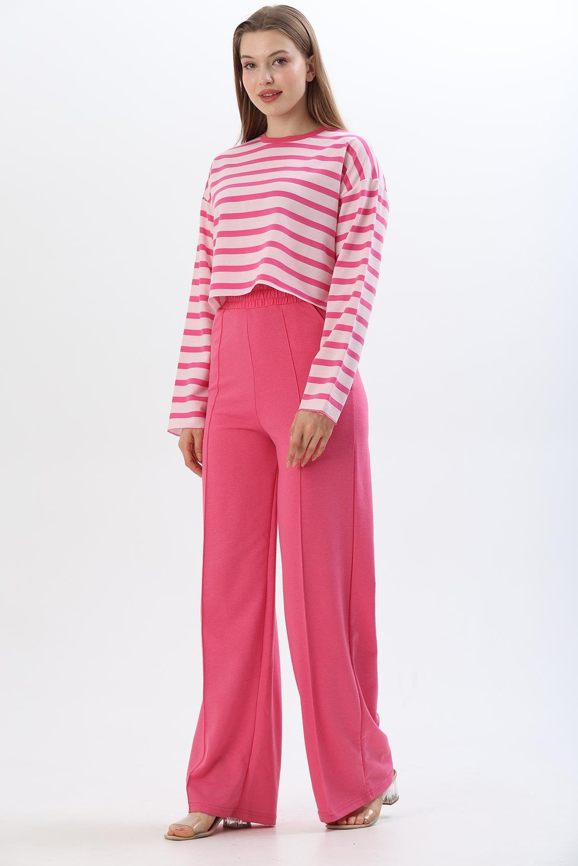 Üstü Crop Yüksek Bel İkili Takım Pembe