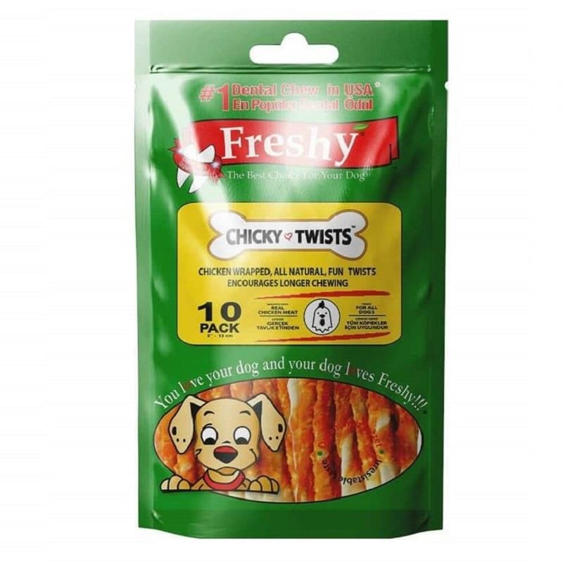 Freshy Tavuk Kaplı Burgu Çubuklar 13 cm 10 Adet, Köpek Ödül Kemiği, Freshy