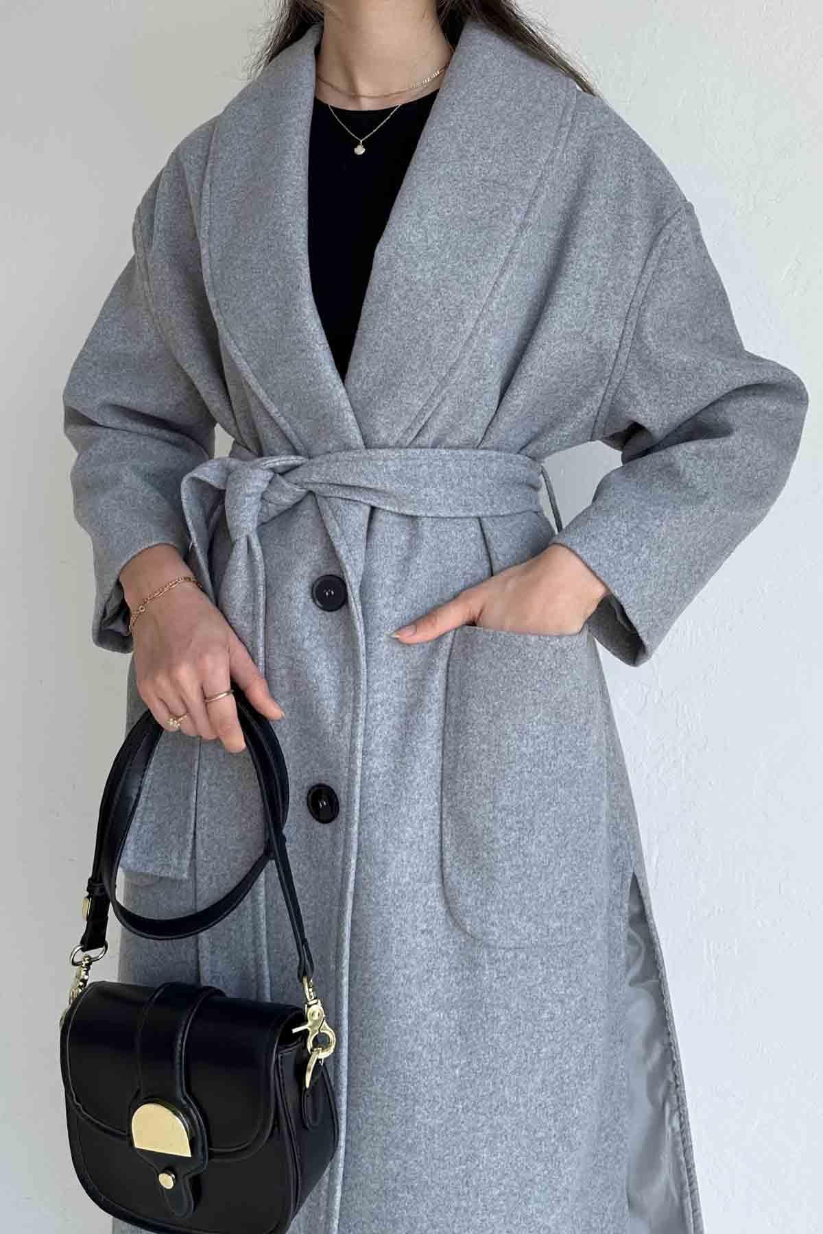 Şal Yaka Yanı Yırtmaçlı Gri Kaşe Kaban