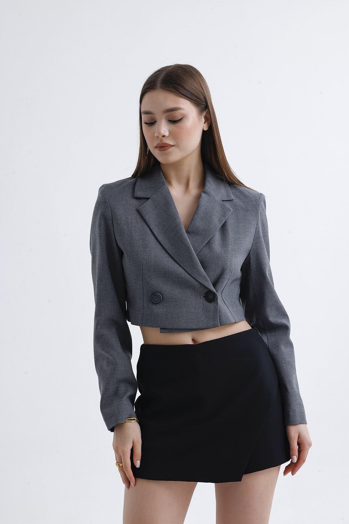 Vatkalı Crop Blazer Ceket Gri