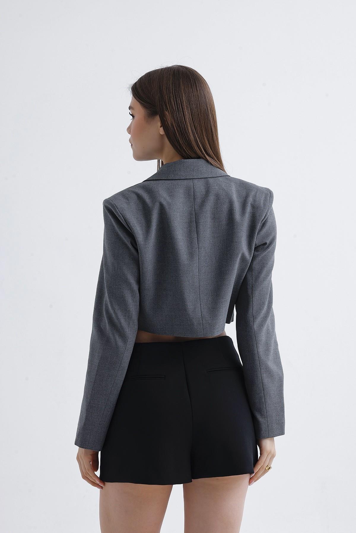 Vatkalı Crop Blazer Ceket Gri
