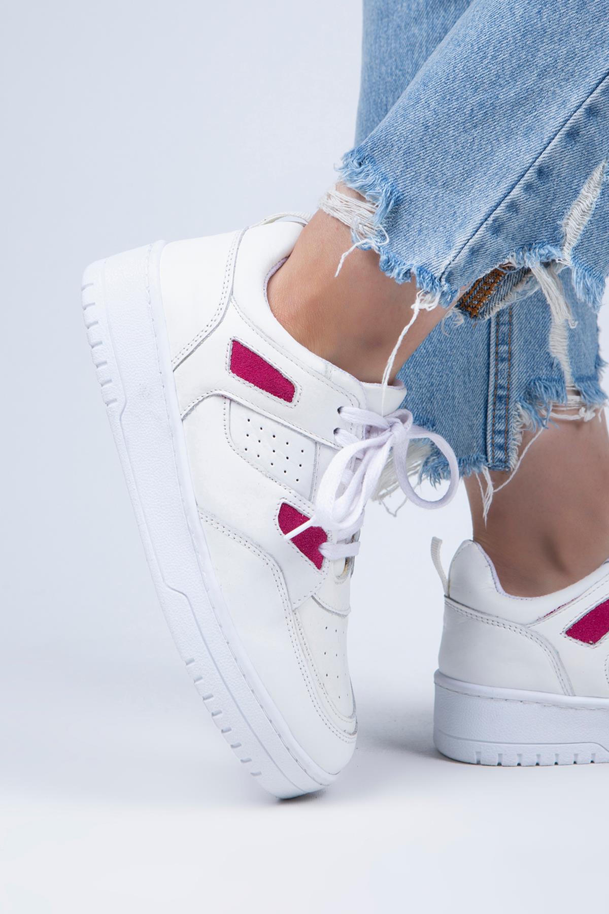 Manijero Perla Kadın Hakiki Deri Bağcıklı Beyaz Fuşya Sneakers